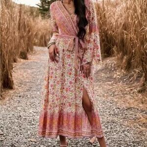 Floral Bohemian Orange, Cream, Aqua, Gold & Pink Maxi Dress